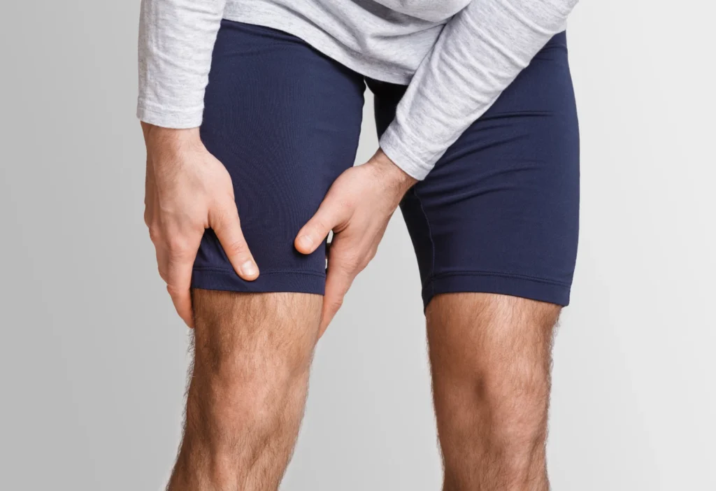 man holding thighs in discomfort and injury 2026 03 24 02 58 38 utc